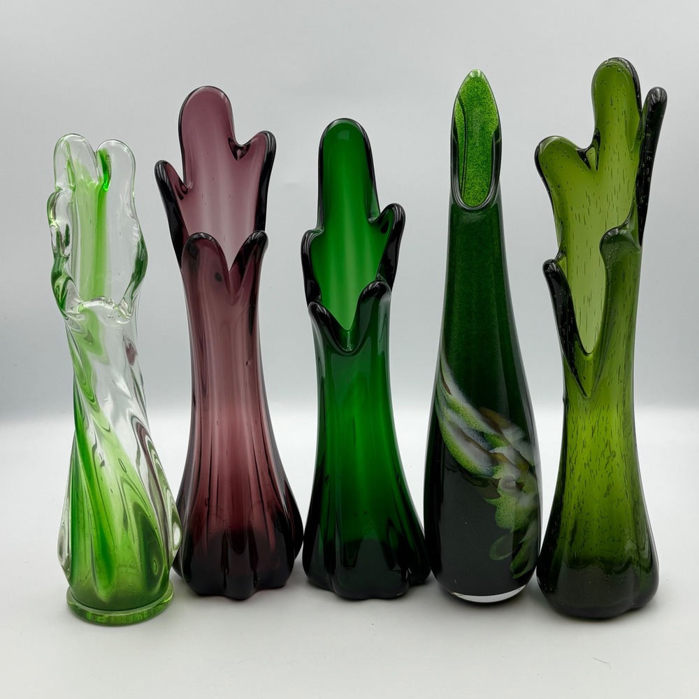 Vtg Lot of 5 MCM 5 &6 Finger Glass Swung Vase Hand Blown Pulled Green Purple